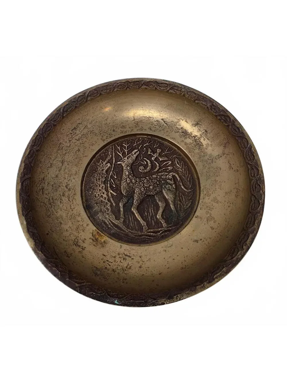 Vintage Korean Brass Stag Trinket Bowl Woodland Catchall Dish 4 7/8 Inch